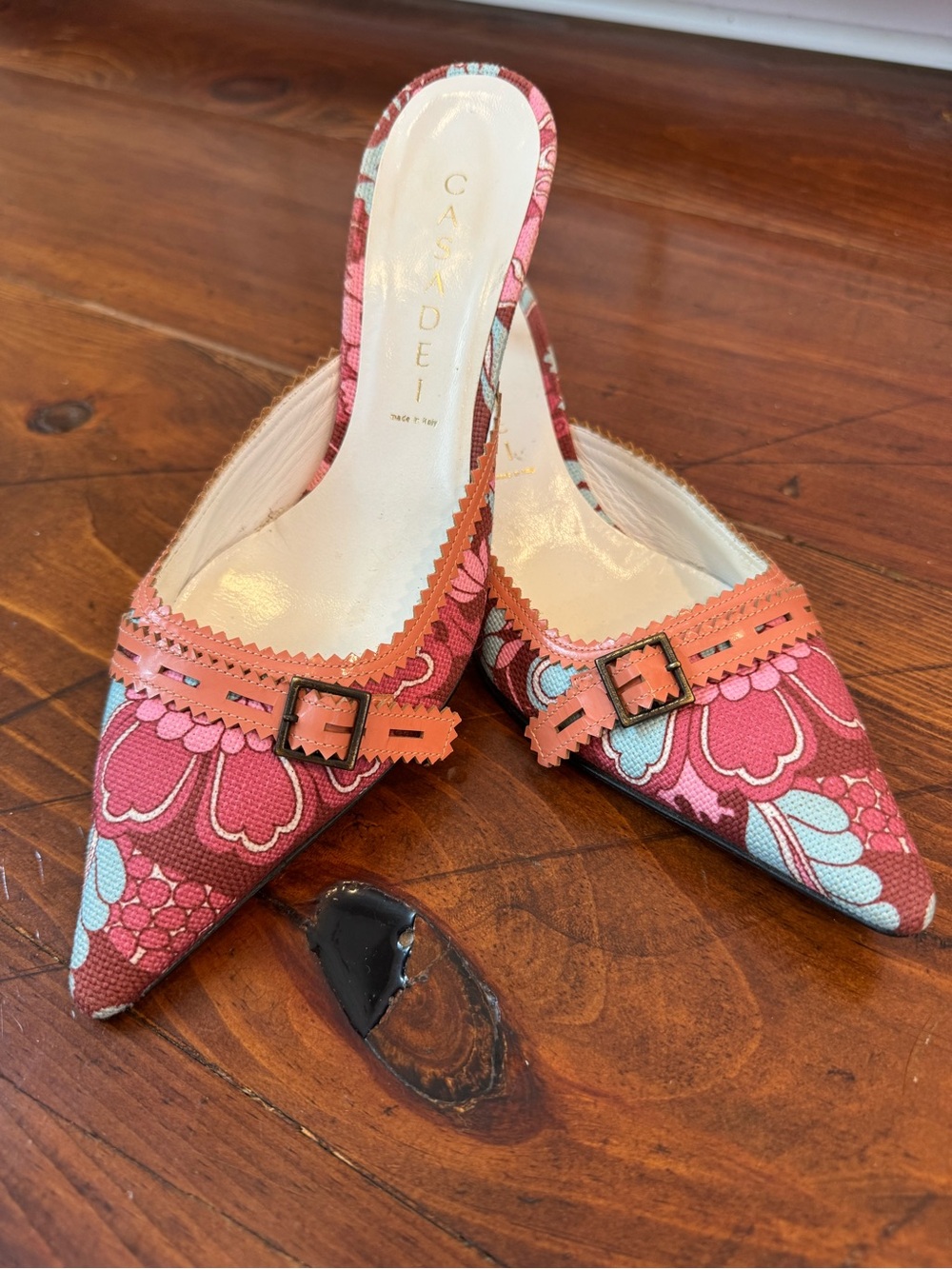 Casadei Salmon Floral Pointed Toe Slide- Kitten Heel- Made in‎ Italy- Size 7.5